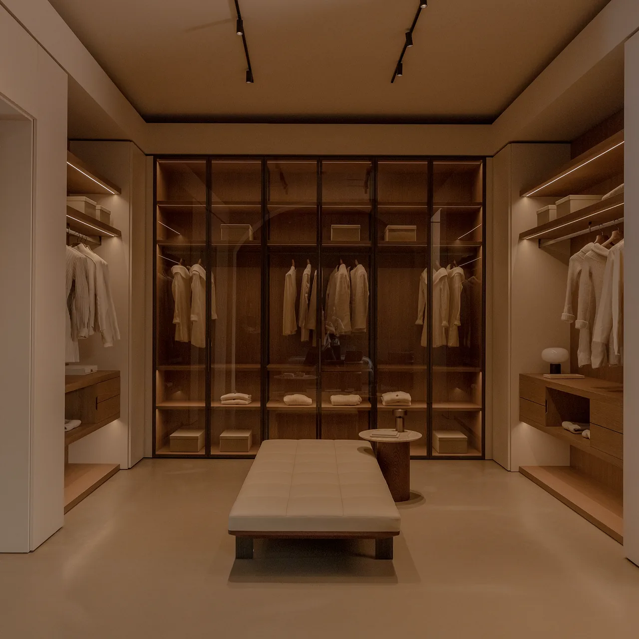 Walk-in dressing room with timber wardrobes, illuminated shelves and full-height glass doors